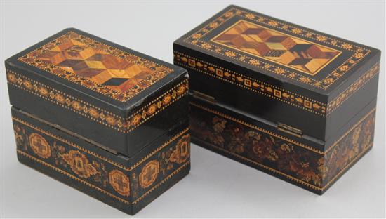 Two Tunbridge ware coromandel perspective cube and geometric mosaic ink bottle boxes, probably Barton, 4.5in.
